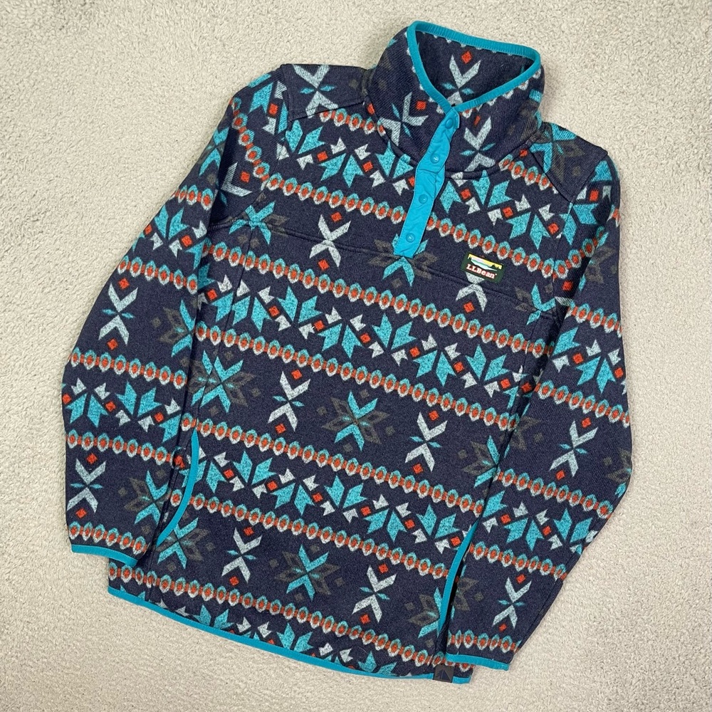 L.L. Bean Navy and Teal Patterned Fleece Pullover